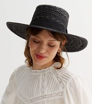New Look Black Straw Effect Boater Hat